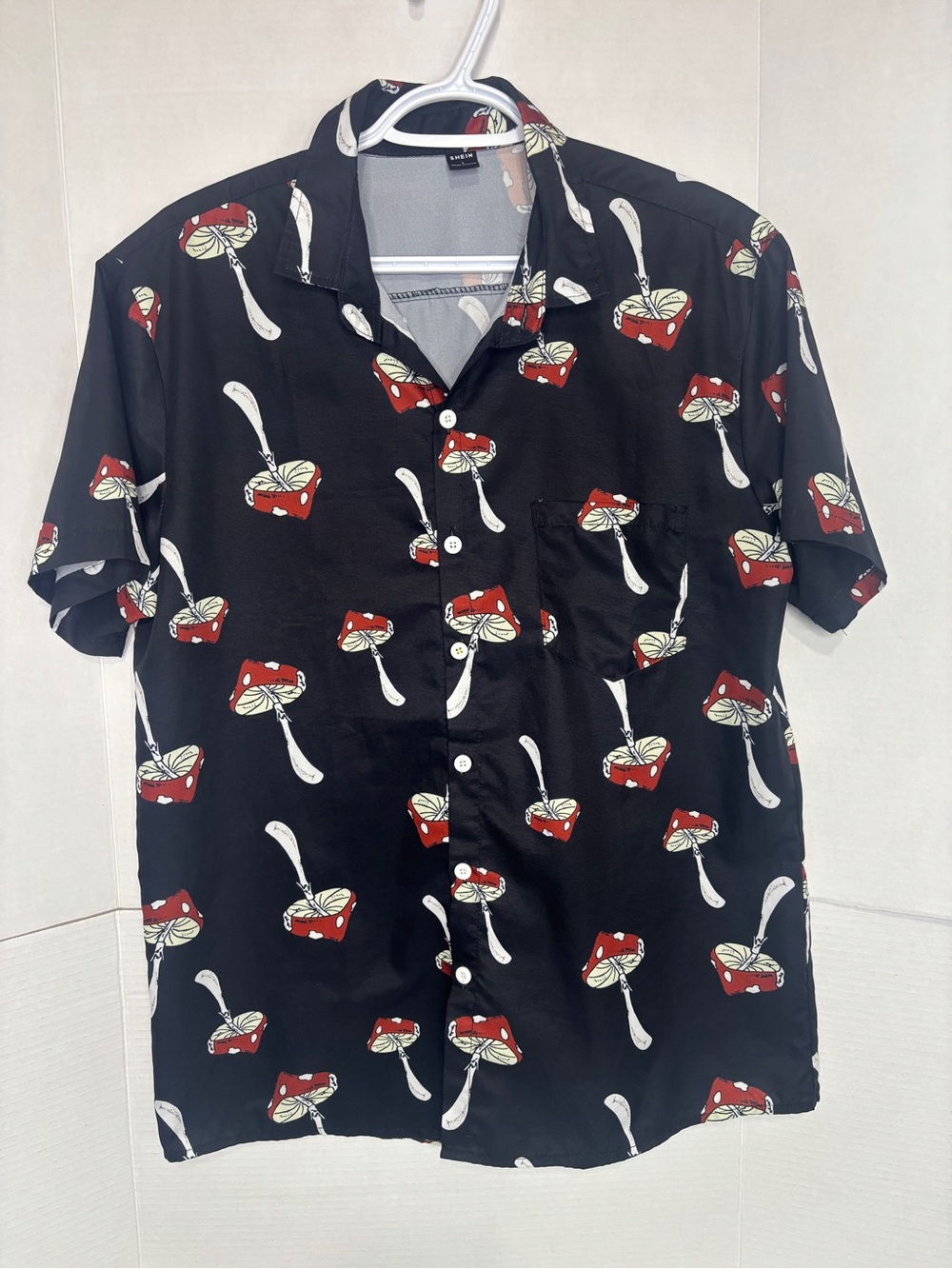 SHEIN Black Short-Sleeve Button-Down Shirt Red Mushroom Print Rave Festival Wear